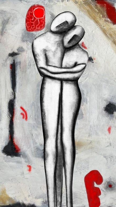 Solida Coesione, painting created by Annamaria Papalini: two tall faceless figures holding each other as one shape, on layered greys and whites with red and ochre. No text on the work.